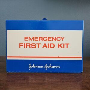 Vintage Johnson & Johnson First Aid Emergency Kit Metal Steel Hinged Box FULL